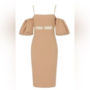 Black Halo Beige Leona Sheath Dress with Sheer Waist and Puff Sleeves